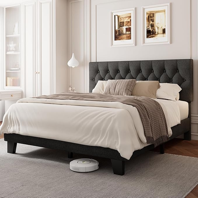 Queen Upholstered Bed Frame with Headboard, Button Tufted Linen Bed Base, Platform Bed with Wood Slat, Heavy Duty, Easy Assembly, No Box Spring Needed, Dark Gray