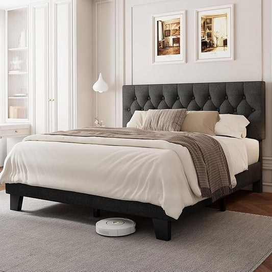 Queen Upholstered Bed Frame with Headboard, Button Tufted Linen Bed Base, Platform Bed with Wood Slat, Heavy Duty, Easy Assembly, No Box Spring Needed, Dark Gray