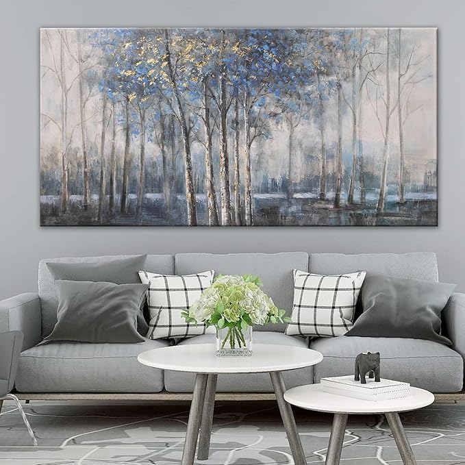 Canvas Wall Art Decor Pictures Wall Decor Prints Modern Wall Art Decor Large Gold Wall Art Blue Grey Misty Botanical Textured Artwork for Walls For Room Living Room Bedroom Office Wall Decor 29"X58"