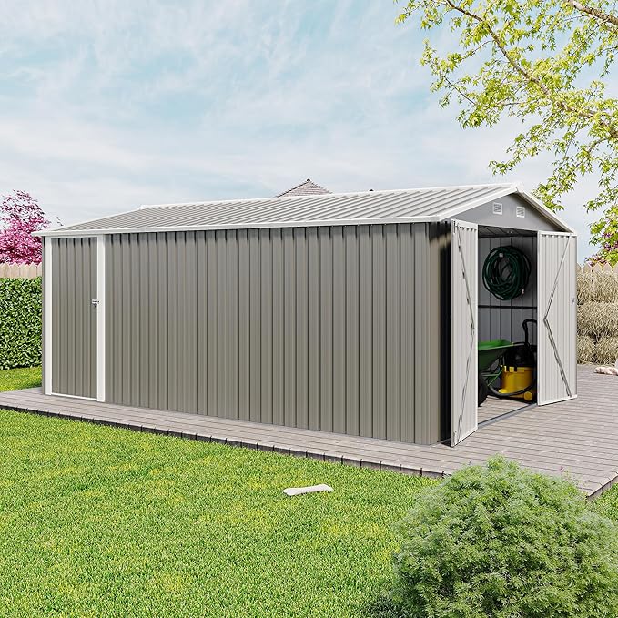 10x14 FT Outdoor Storage Shed, Large Metal Garden Shed with Side Door, Outside Tool Sheds with 3 Lockable Hinged Doors, Waterproof Storage Building with 4 Air Vents for Backyard, Patio, Light Gray