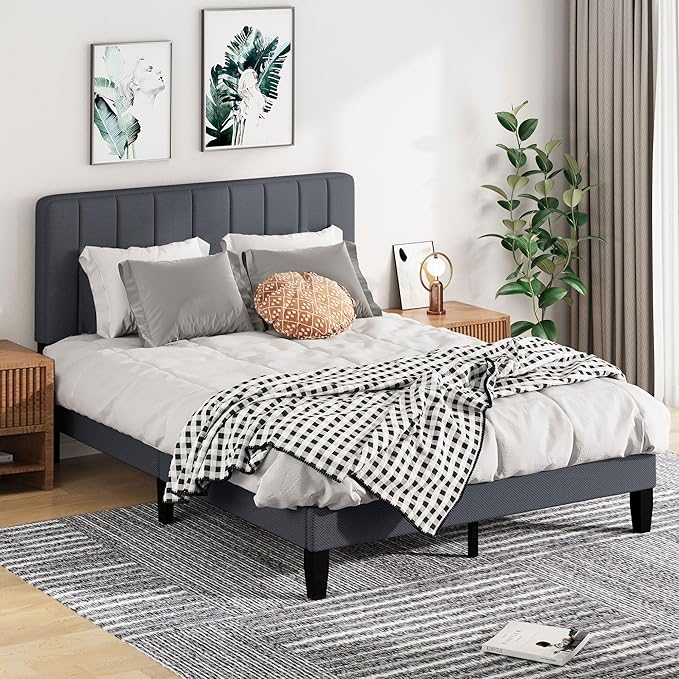 Queen Size Bed Frame with Headboard,Fabric Upholstered Platform Bed Frame with Wooden Slats Support,No Box Spring Needed/Non-Slip Without Noise/Easy Assembly, Darkgrey