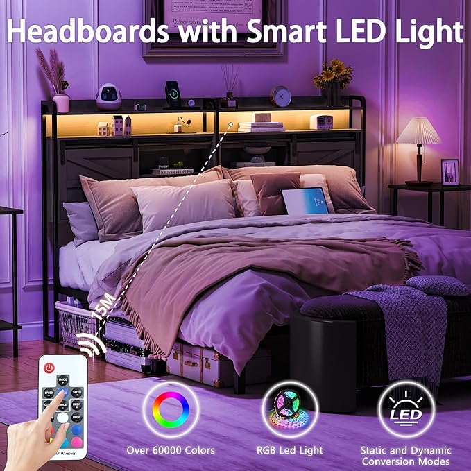 wanan Headboard King Size with Storage, 3 Tier Size Headboard only with Outlets, USB Ports and LED Light Strip, Headboards with Sliding Barn Doors, Adjustable Shelf (Black, King (U.S. Standard))