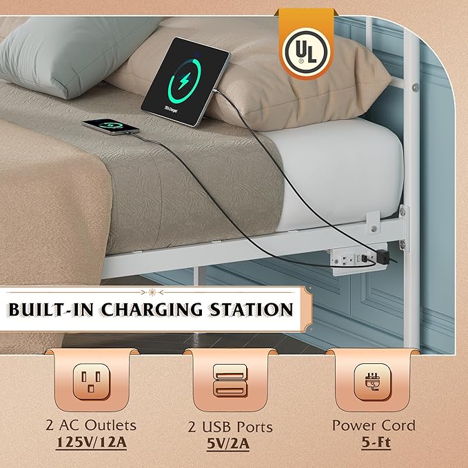WLIVE Full Size Bed Frame with Headboard, Full Bed Frame with LED Lights and Charging Station, Metal Platform Bed with Storage, White