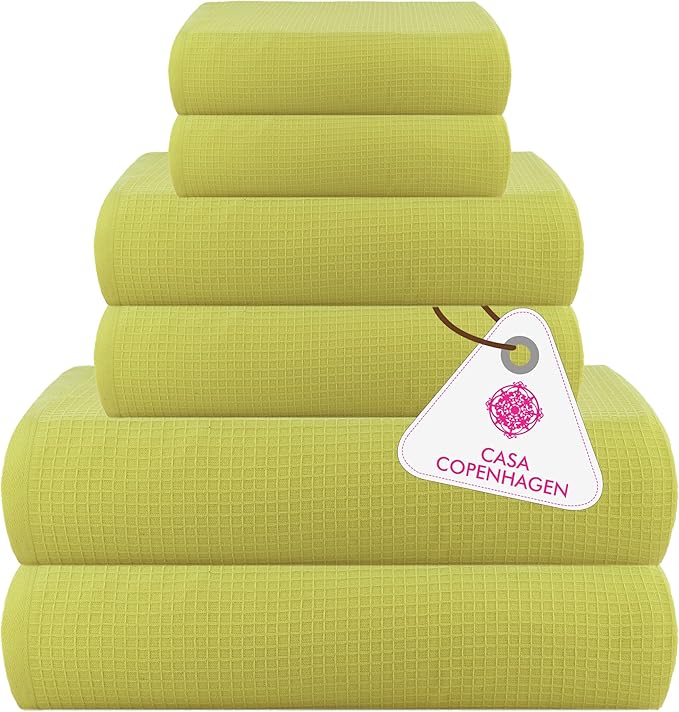 CASA COPENHAGEN Waffle Towel, 6Pieces 100% Cotton Large Towel Set- Lime Green, 2Bath 2Hand 2Washcloths Instant Absorb and Dry, Soft Strong Towels for Hotel Spa Kitchen Bathroom & Shower