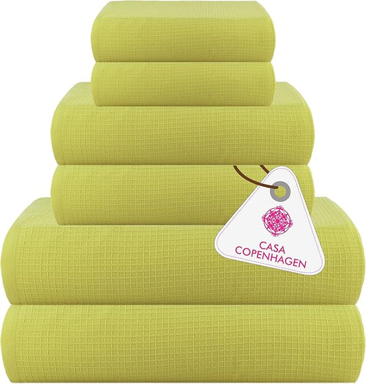 CASA COPENHAGEN Waffle Towel, 6Pieces 100% Cotton Large Towel Set- Lime Green, 2Bath 2Hand 2Washcloths Instant Absorb and Dry, Soft Strong Towels for Hotel Spa Kitchen Bathroom & Shower