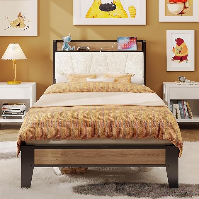 LIKIMIO Twin XL Bed Frames, Storage Headboard with Charging Station, Solid and Stable, Noise Free, No Box Spring Needed, Easy Assembly, Wood and Cream