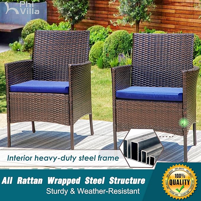 PHI VILLA 7 Piece Patio Dining Table Set for 6, 64" Metal Dining Table with Umbrella Hole & Cushioned Wicker Chairs for Outdoor, Yard, Porch, Deck