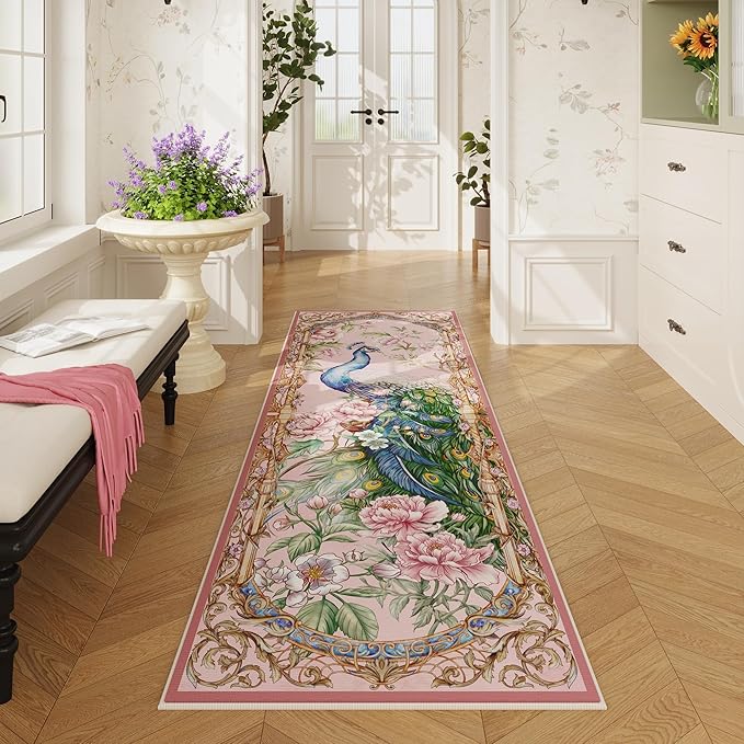Runner Rug for Kitchen 2'6"x8' Washable Rugs with Rubber Backing Soft Floral Peacock Floral Animal Carpet Runner for Kitchen, Laundry, Bedroom, Bathroom (Pink)