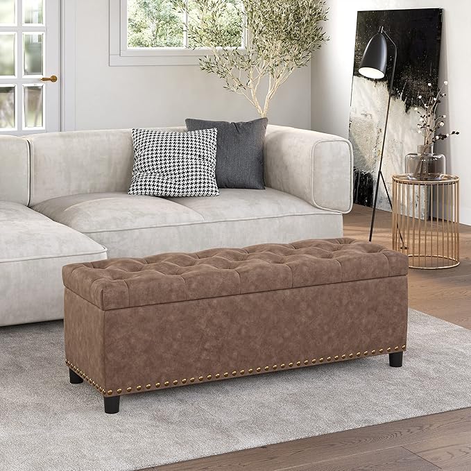 BELLEZE 47" Storage Ottoman, Storage Bench with Safety Close Hinge, Faux Leather Button-Tufted Ottoman for Living Room, Entryway, Hallway, Foot Rest, Support 300lbs - Rustic Brown