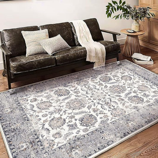 Washable Area Rug 4x6 Rugs for Living Room Retro Flowers Machine Non-Slip Bedroom Rug Vintage Trellis Throw Rug Distressed Carpet for Dining Room Office Carpet