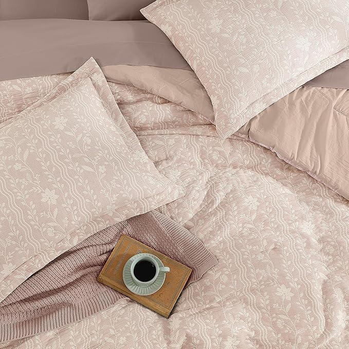 King Comforter Set -7 Pieces Almond Pink Floral Comforter Set for All Seasons, Bed in a Bag King with Botanical Flowers Comforter, Sheets, Pillowcases & Shams