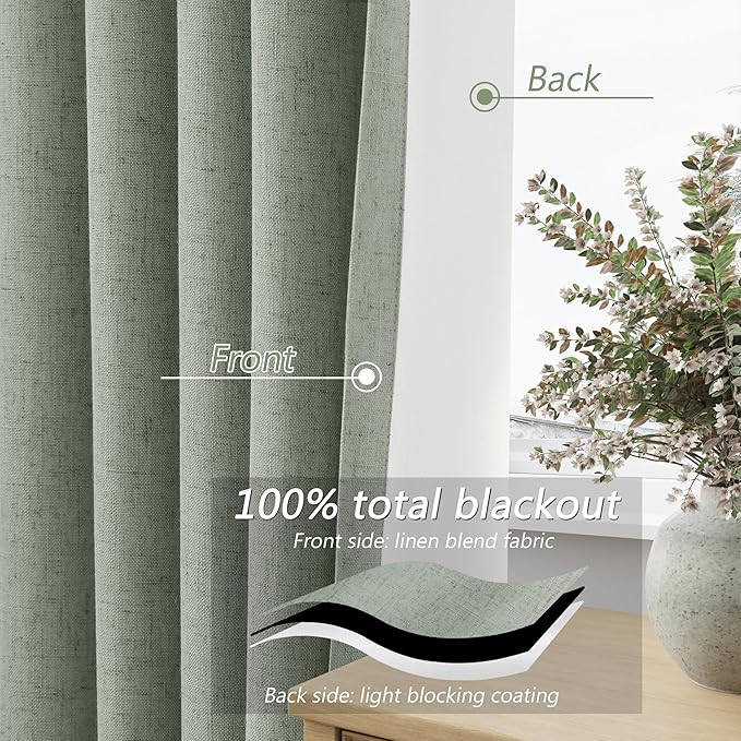 Guken Blackout Curtains 100 Inch Length 2 Panels Set for Living Room Bedroom Back Tab Thermal Insulated 100% Black Out Linen Drapes Room Darkening Window Curtains 100 Inches Long,Desert Sage