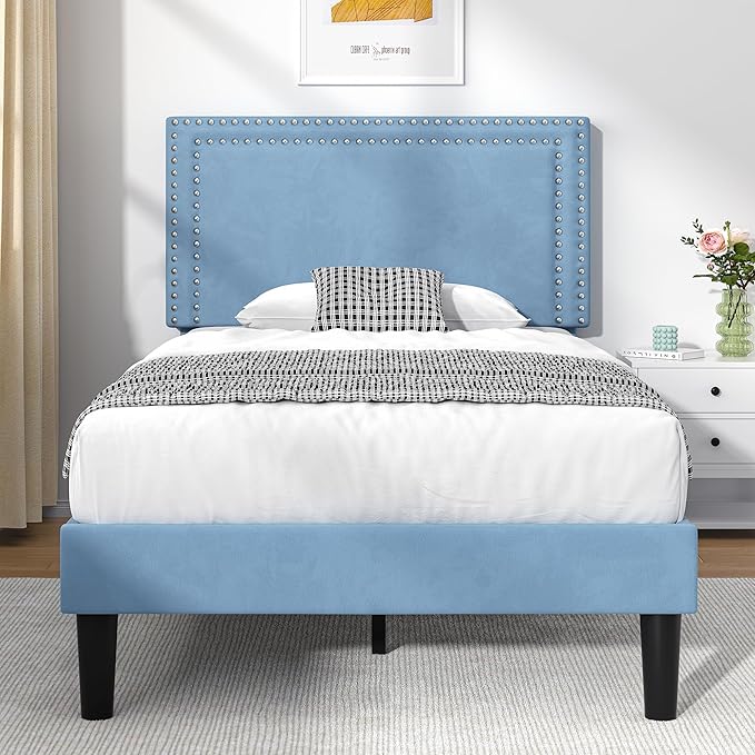 VECELO Twin Size Platform Bed Frame with Adjustable Upholstered Headboard, Strong Wood Slat Support, No Box Spring Needed, Easy Assembly