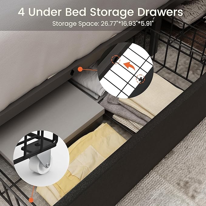 Full Size Bed Frame with 4 Storage Drawers and Tufted Headboard Velvet Upholstered Platform Bed Frame with Heavy Duty Wood Slats, No Box Spring Needed, Easy Assembly, Black