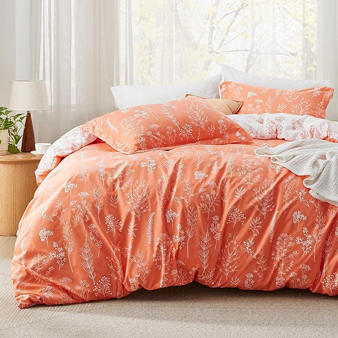 Bedsure Twin/Twin XL Comforter Set - Coral Orange Bed Set, 2 Pieces Cute Floral Bedding, 1 Soft Reversible Botanical Flowers Comforter and 1 Pillow Sham