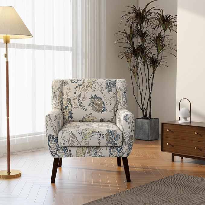 Accent Chair, Modern Linen Blend Arm Chair for Living Room, Bedroom, Comfy High-Resilient Sponge Reading Chair for Small Spaces (Pattern Leaf, Set of 1)