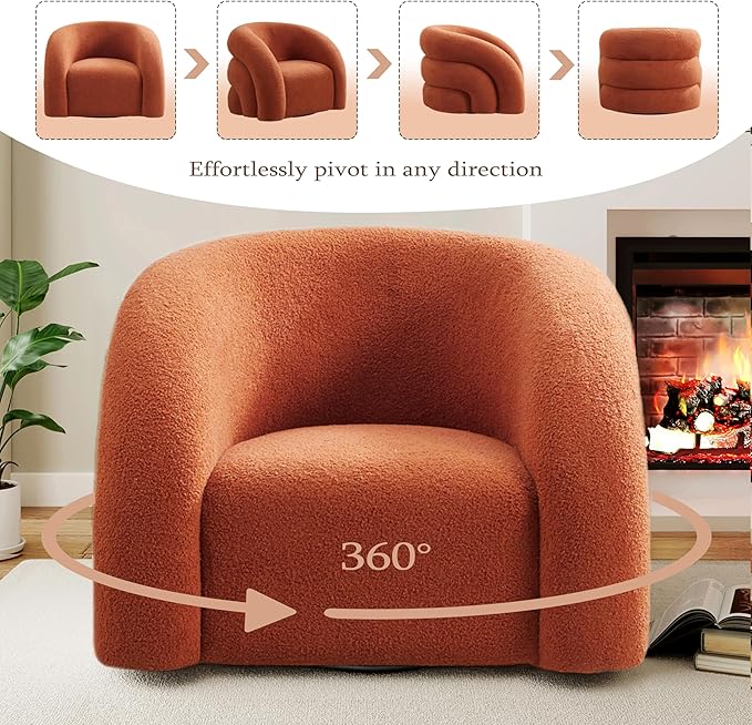 Swivel Accent Chair Set of 2,Upholstered Sherp Barrel Armchair 365° Round Modern Boucle Chair No Assembly for Living Room,Comfy Single Sofa Chairs for Bedroom(Orange)