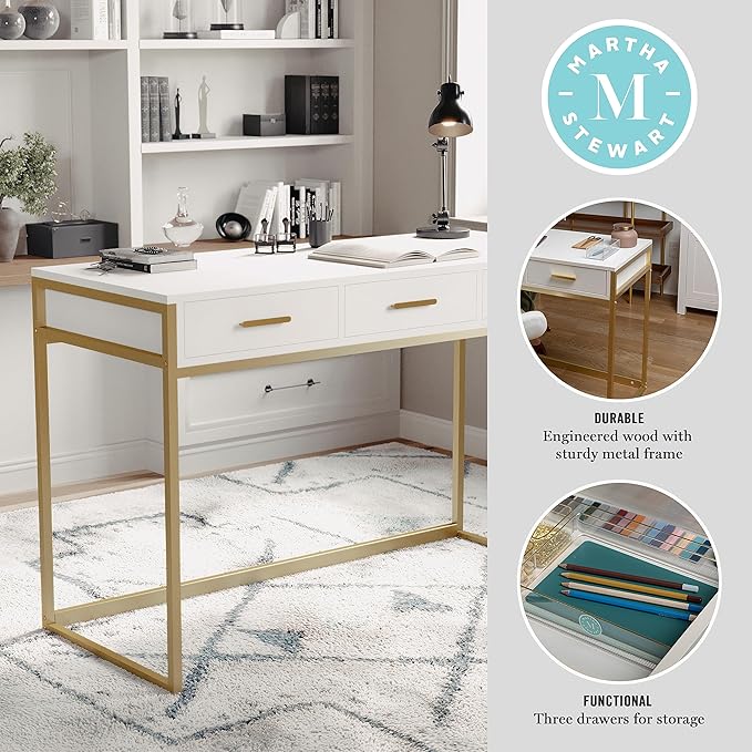 Martha Stewart Ollie Home Office Desk with 3 Drawers in White with Polished Brass Hardware