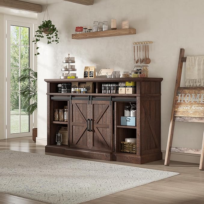 AMERLIFE 66" W Farmhouse TV Stand, Wood 40" H Tall Entertainment Center with Sliding Barn Door & Large Storage Shelves, Rustic Media Console for TVs up to 75", Reclaimed Barnwood