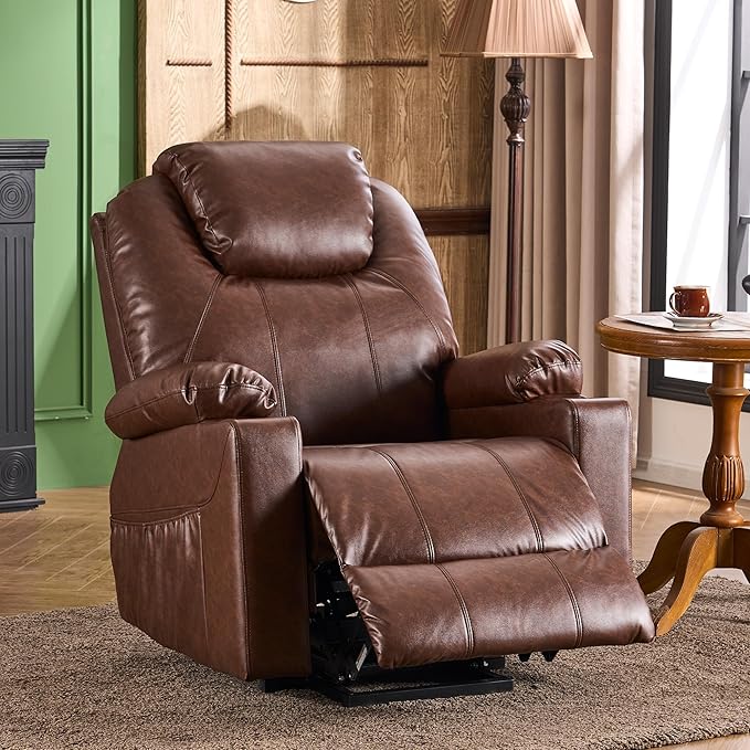 SALOHZA Power Lift Recliner Chair for Elderly with Massage and Heat for Living Room, Electric Recliner Chair for Adults with USB/Type C Port/Cup Holders, PU Faux Leather, Dark Brown