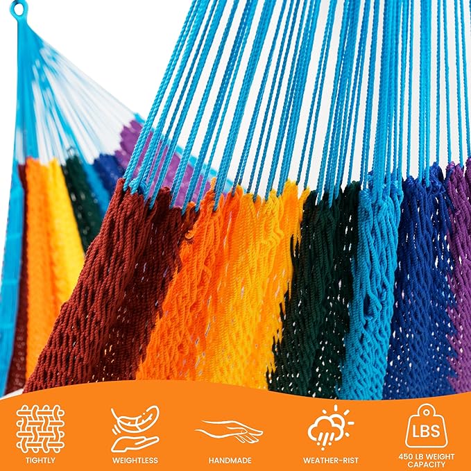 Lazy Daze Hammocks Handwoven Mayan Hammock, 10.5 FT Soft Rope Double Hammocks, Portable Outdoor Hammock with Carry Bag, 2 Straps & carabiners for Patio Outside, 550 lbs Weight Capacity, Rainbow