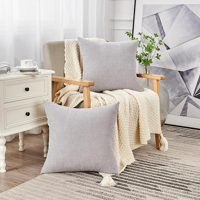 GAWAMAY Decorative Chenille Throw Pillow Covers 24x24 Inch Pack of 2, Soft Square Couch Pillow Cover for Sofa Cushion Living Room Bedroom Solid Dyed Pillowcases Light Grey 60x60cm (ONLY Covers)