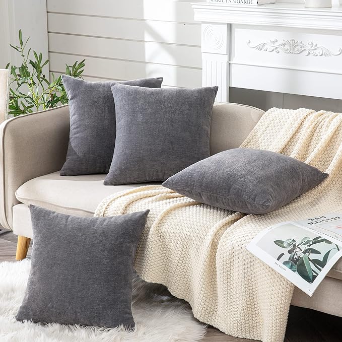 GAWAMAY Decorative Square Throw Pillow Covers 18"x18" Inch Set of 4, Super Soft Chenille Pillows Cover Fall Pillowcase for Living Room Bedroom Sofa Couch Cushion Cover Grey 45x45cm (No Insert)