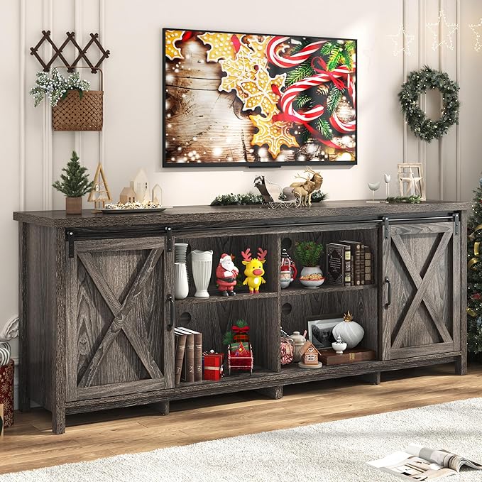 Farmhouse TV Stand for 80 Inch TV with Sliding Barn Door, Rustic Wood Entertainment Center Large Media Console Cabinet Long Television Stands,Console Table and Media Furniture for Living Room(Grey)