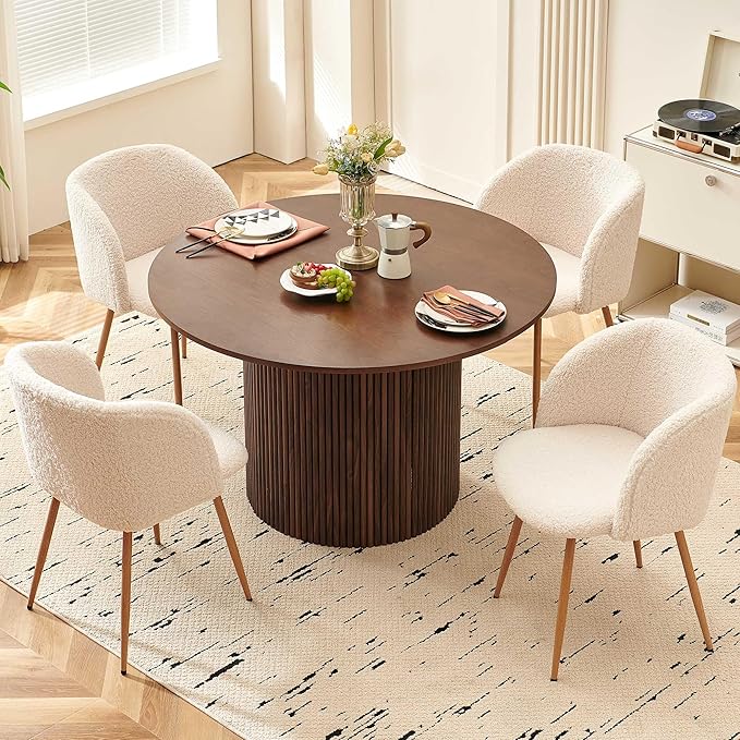 NORDICANA 5-Piece Wooden Round Dining Room Table and Chair Set, 47-Inch Kitchen Table with Barrel Chairs for 4, Off White Upholstered Sherpa Dining Set, MDF Core with Walnut Finish