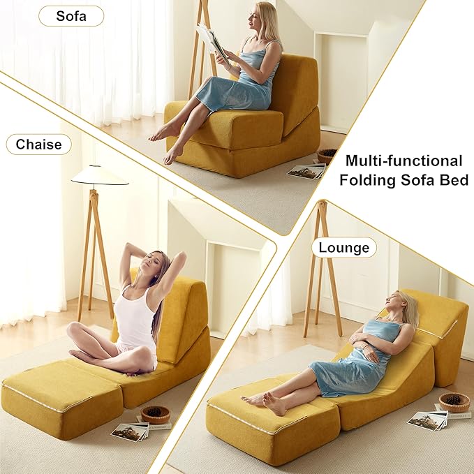 Folding Sofa Bed, Single Chair Sofa, Multi-Functional Lounger with Back Support – Compact & Space-Saving Design, Comfortable for Living Room, Bedroom, or Small Spaces, Yellow Corduroy Fabric