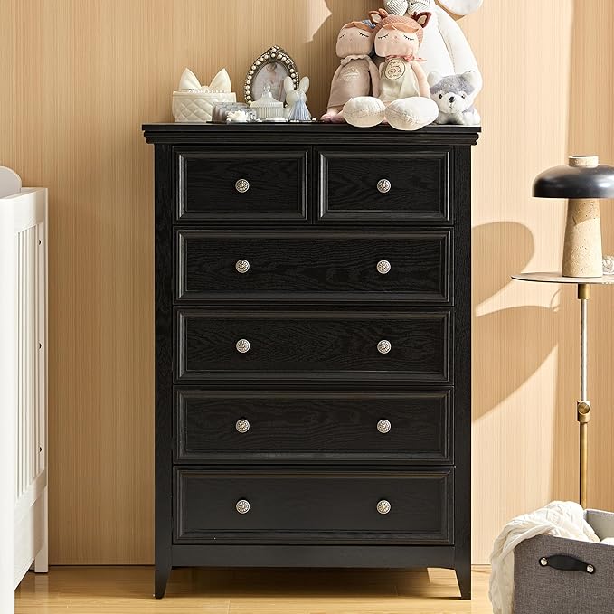 BLANKSPACE Black Dresser, 6 Chest Drawer Dresser for Bedroom, Large Capacity Nightstand, Modern Wood Cabinet for Bedroom, Living Room, Closets