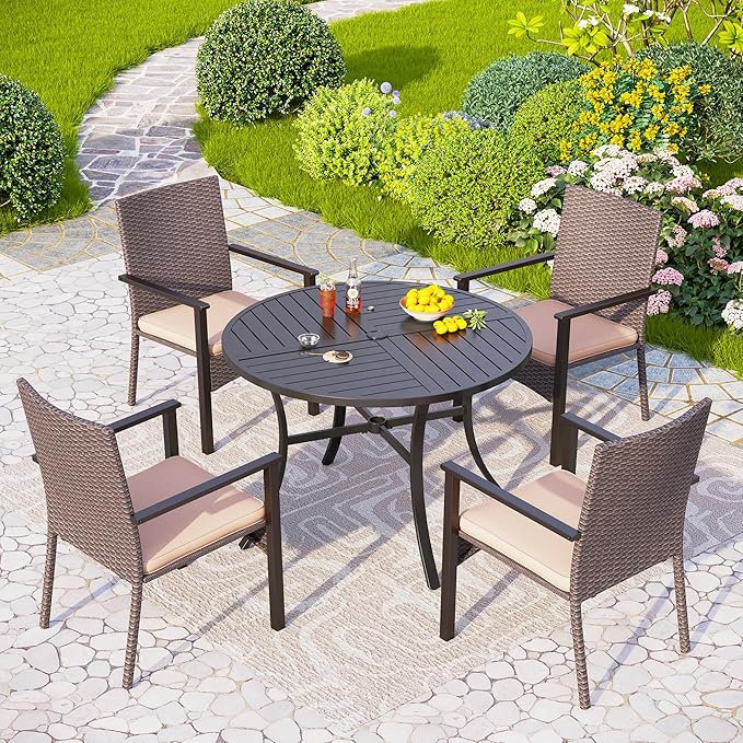 PHI VILLA 5 Piece Outdoor Dining Table Set for 4, 42” Round Steel Dining Table with Umbrella Hole & 4 Metal-Frame Wicker Chairs for Patio, Deck, Yard, Porch