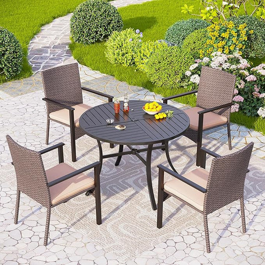 PHI VILLA 5 Piece Outdoor Dining Table Set for 4, 42” Round Steel Dining Table with Umbrella Hole & 4 Metal-Frame Wicker Chairs for Patio, Deck, Yard, Porch