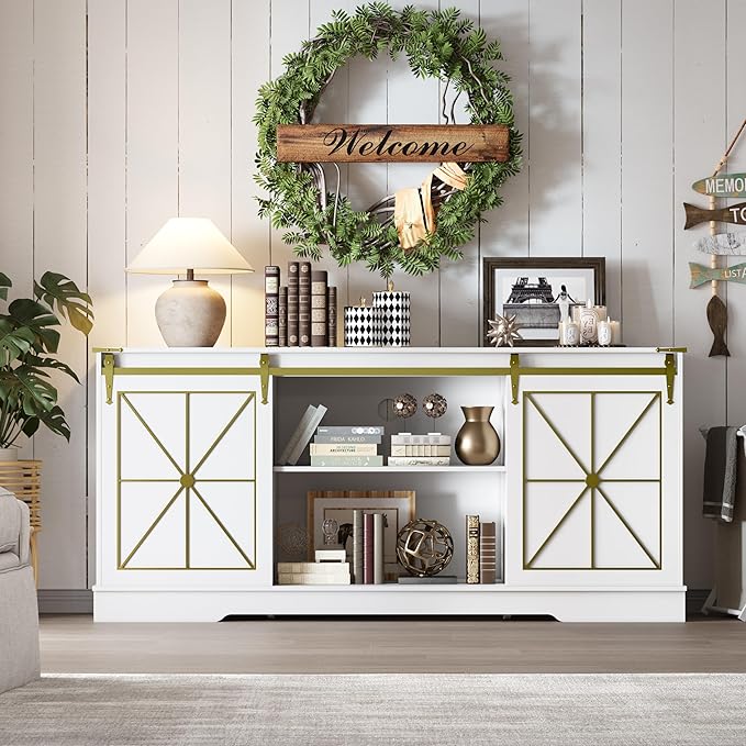 Farmhouse TV Stand for 65/60/55 Inch Tvs, Rustic Entertainment Center with Storage Cabinets & Sliding Barn Doors, Modern Media Console Table, Wood Television Furniture for Living Room, Bedroom, White