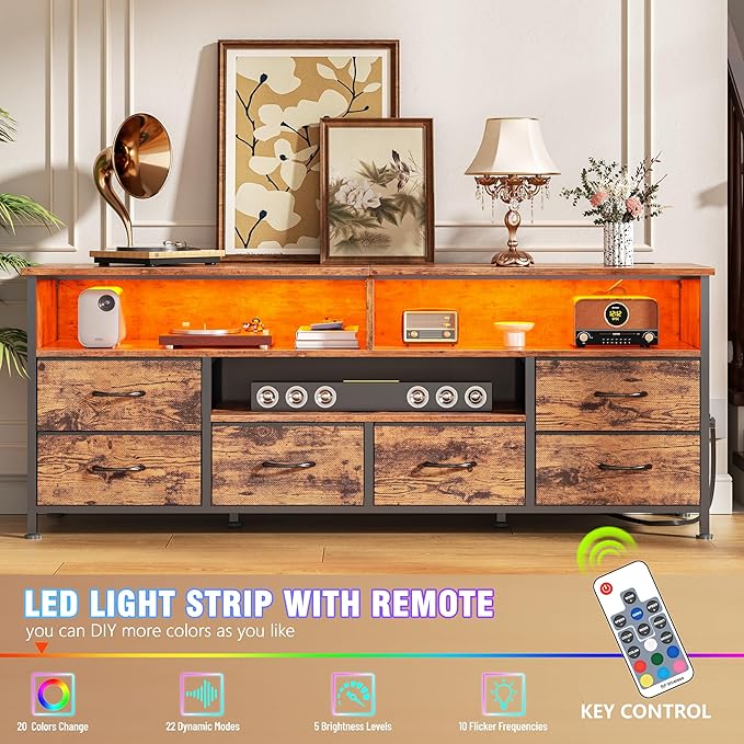 Furologee 55" LED TV Stand for Bedroom with Power Outlets, Entertainment Center with 6 Fabric Drawers for 50/55/60 inch TVs, Dresser TV Stand Long Console Media Table for Living Room, Rustic Brown