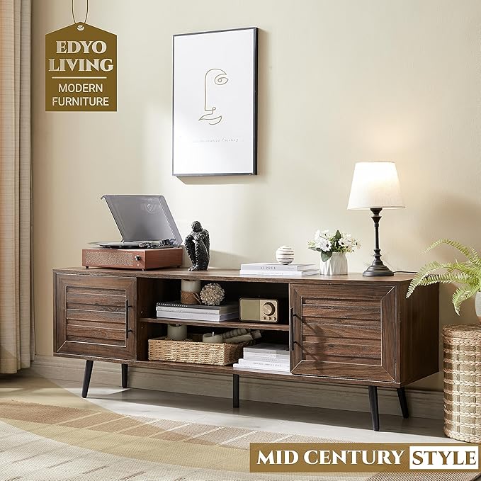 EDYO LIVING Mid Century Modern TV Stand for 65" TV, Wood TV Stand with Storage Cabinet and Open Shelf, Entertainment Center, TV Console Table for Living Room, Dark Walnut