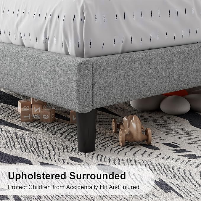 Feonase Twin Bed Frames, Upholstered Bed Frame with Charging Station, Wingback Storage Headboard, No Box Spring Needed, Noise-Free, Light Gray