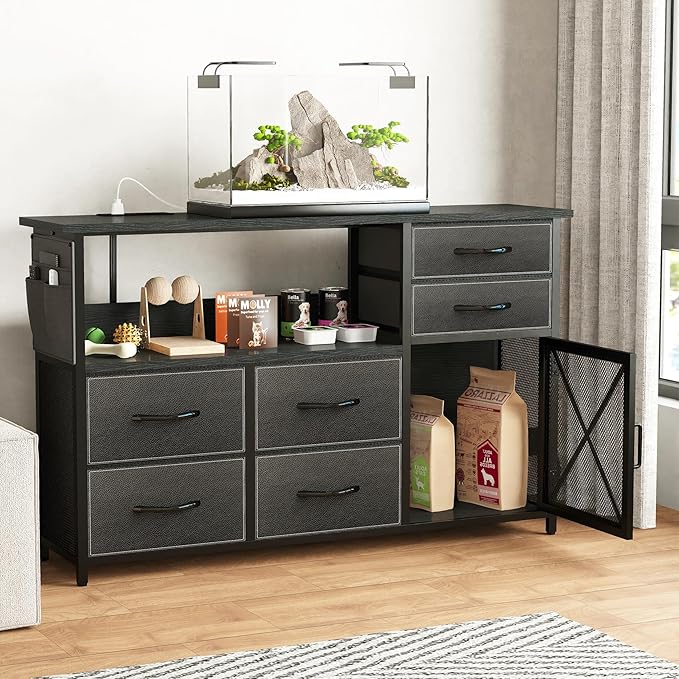 Dresser for Bedroom with LED Lights, TV Stand with Charging Station for 50 inch TV, 6 Drawers Chest with Door and Side Storage, Long Metal Dresser Table for Living Room, Black