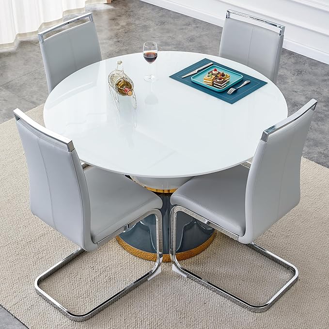 45 Inch Round Dining Table Set for 4, 5 Piece Kitchen Table and Chairs Set, White Faux Marble Table Top, Small Space Dining Set for Apartment or Dining Room