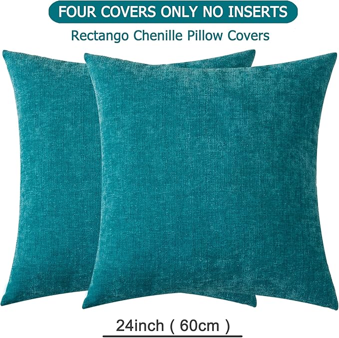 GAWAMAY Decorative Chenille Throw Pillow Covers 24x24 Inch Pack of 2, Soft Square Couch Pillow Cover for Sofa Cushion Living Room Bedroom Solid Dyed Pillowcases Teal 60x60cm (ONLY Covers)