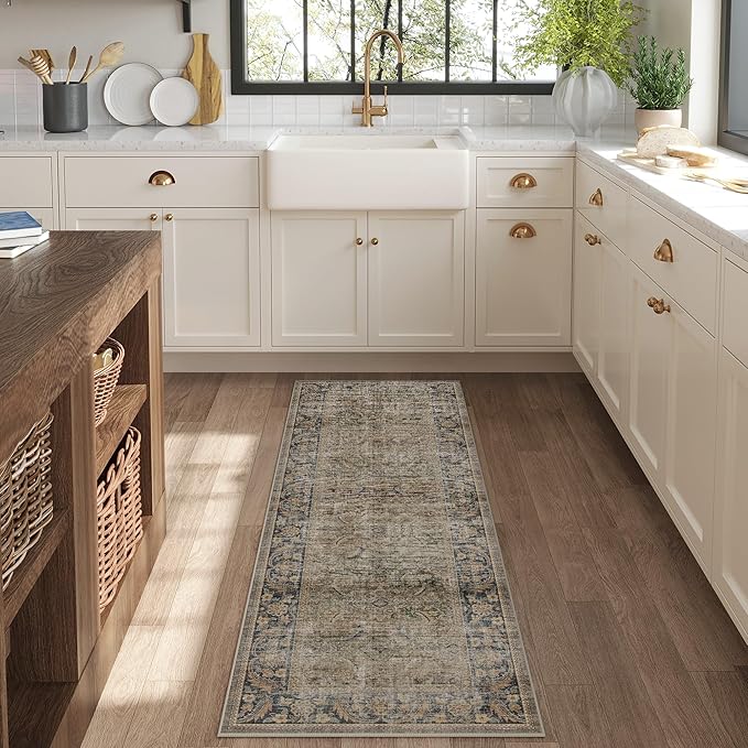 Fmfunctex 2x6 Runner Rug Brown Vintage Neutral Washable Distressed Non Slip Low Pile Indoor Carpet Soft Retro Hallway Entryway Rug for Kitchen Living Room Bedroom Bathroom Laundry Entry Bedside, Multi