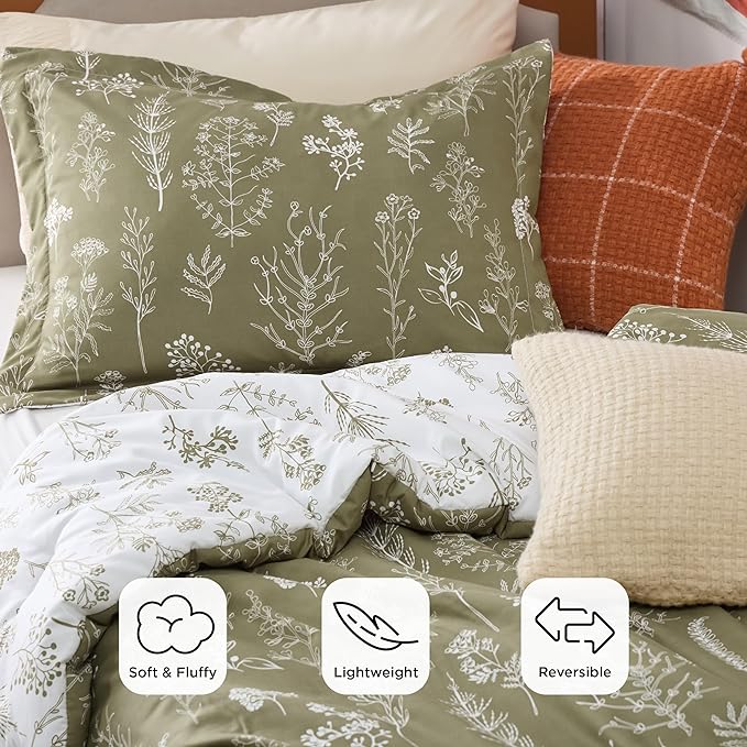 Bedsure Twin/Twin XL Comforter Set - Olive Green Bed Set, 2 Pieces Cute Floral Bedding, 1 Soft Reversible Botanical Flowers Comforter and 1 Pillow Sham