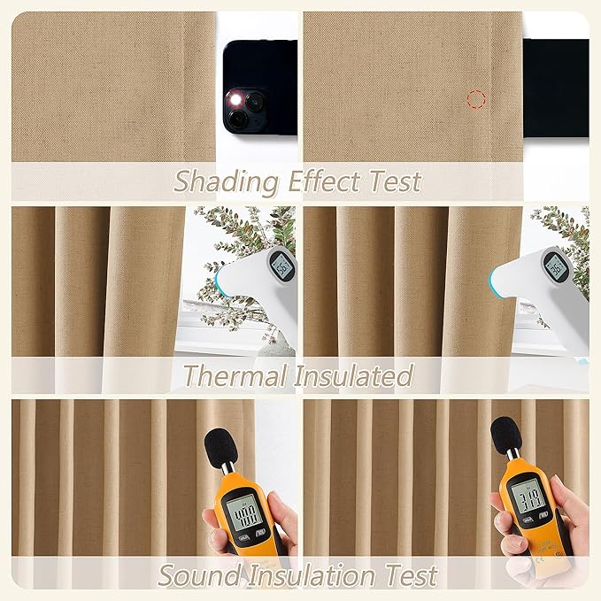 Guken 100% Blackout Linen Curtains 100 Inch Length 2 Panels Set for Living Room Bedroom Back Tab Thermal Insulated Black Out Linen Drapes Room Darkening Window Curtains,Camel Brown