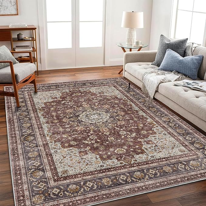 Washable Area Rug 8'x10' Retro Boho Design Non-Shedding Non-Slip Easy Care Ideal for High Traffic Areas in Living Room Bedroom Office Coffee Table Kitchen Large Carpet