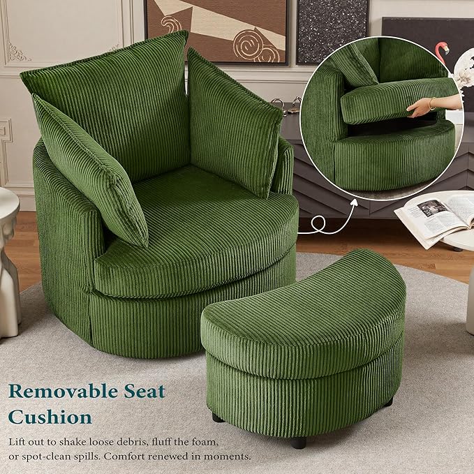 Swivel Accent Chair with Ottoman Comfy Reading Chairs for Bedroom Modern Corduroy Arm Chair 360°Swivel Barrel Chairs for Living Room,Apartment (Green, 1)