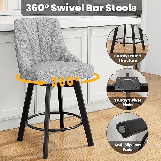 Swivel Bar Stools with Backs, 24" Counter Height Bar Stools Set of 8, Fabric Upholstered Counter Barstools with Solid Wood Legs for Kitchen Island, Home Bar, Light Gray
