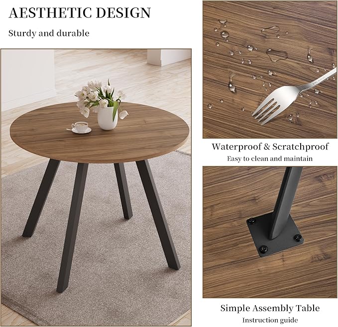 34.6 Inch Walnut Round Dining Table for 4, Space-Saving Dinette Perfect for Kitchen Dining Living Room(Walnut Table)