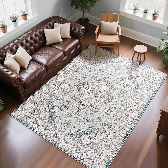 8x10 Area Rug for Living Room, Modern Washable Rug Non Slip Low Pile Large Area Rugs for Living Room, Bedroom, Farmhouse, Dining Room,Blue