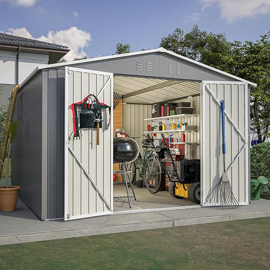 10 x 10FT Outdoor Metal Storage Shed with Lockable Door, Lean to Sheds Outdoor Storage for Garden, Backyard, Patio and Backyard
