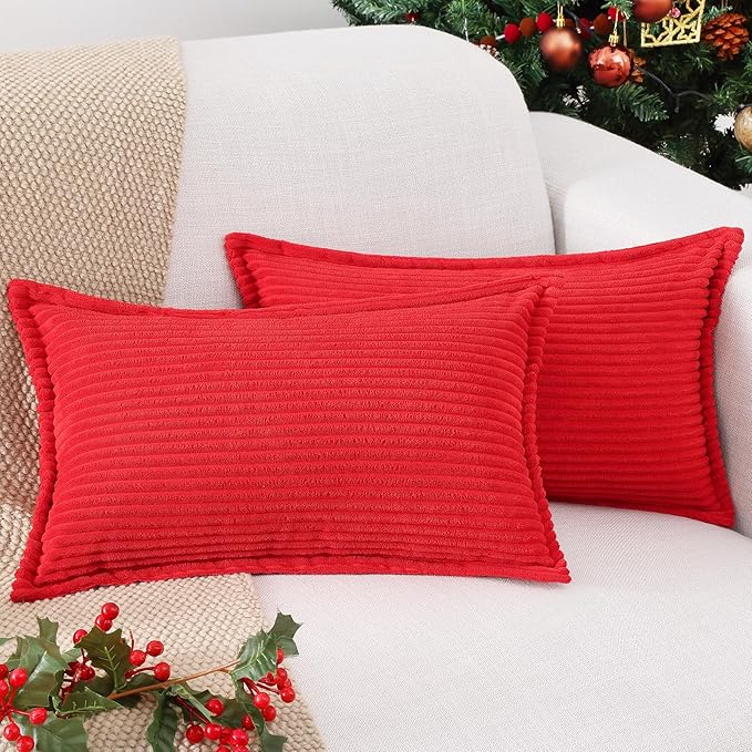 Mecatny Corduroy Throw Pillow Covers 12x20 Set of 2, Neutral Decorative Soft Boho Lumbar Couch Pillow Covers with Broadside for Sofa Living Room, Red